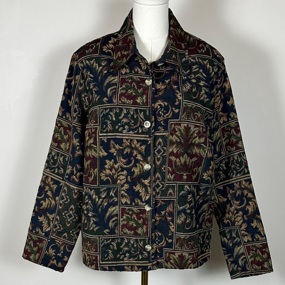 Vintage Moody Tapestry Bold Shoulder Burgundy Navy Paisley Floral Jacket Women L